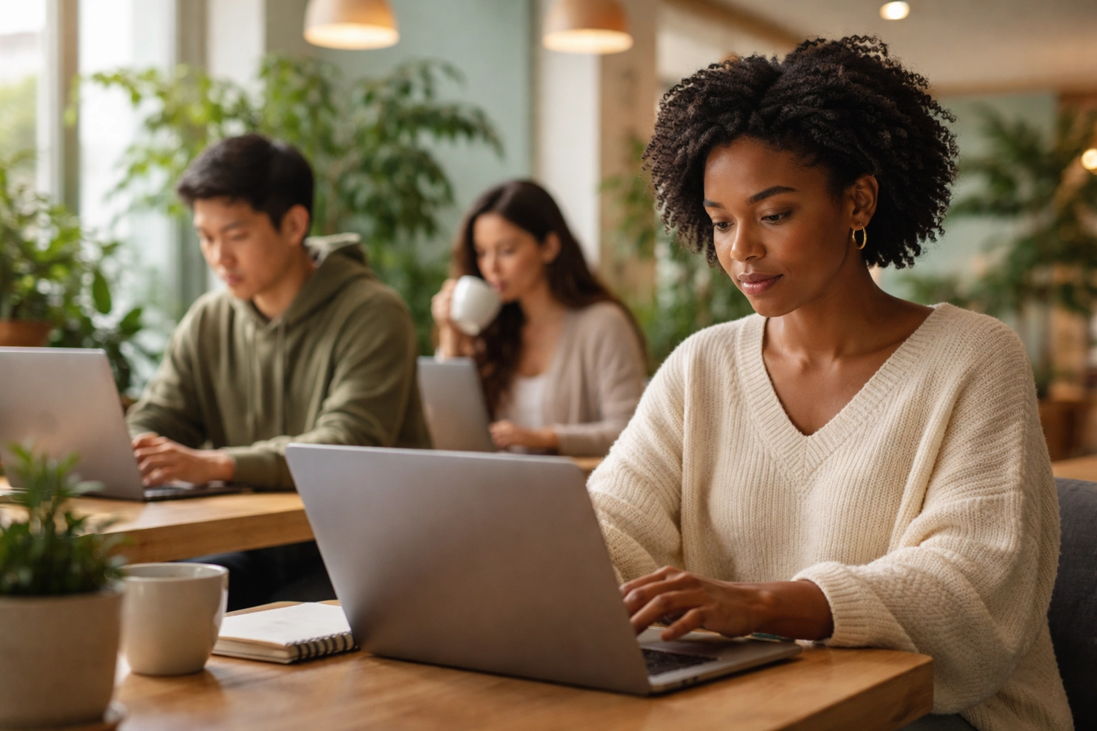 Racially diverse freelancers work on laptops in a bright coworking space, demonstrating secure USDC payroll for international professionals.