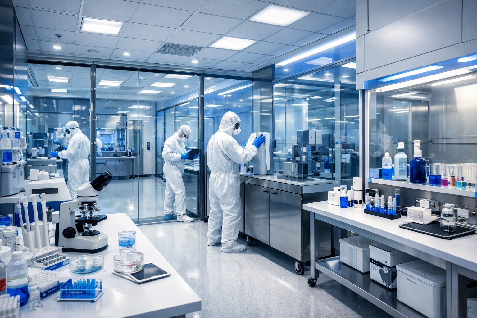 Professional decontamination technicians cleaning a high-tech life sciences laboratory in Cambridge, MA.