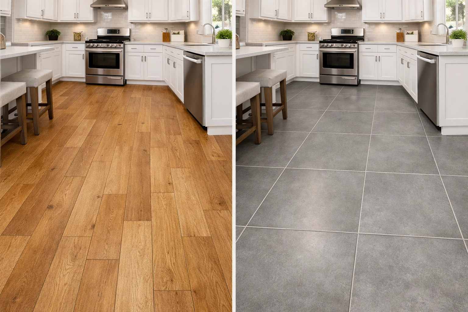 Side-by-side comparison of LVP and tile flooring in modern kitchens