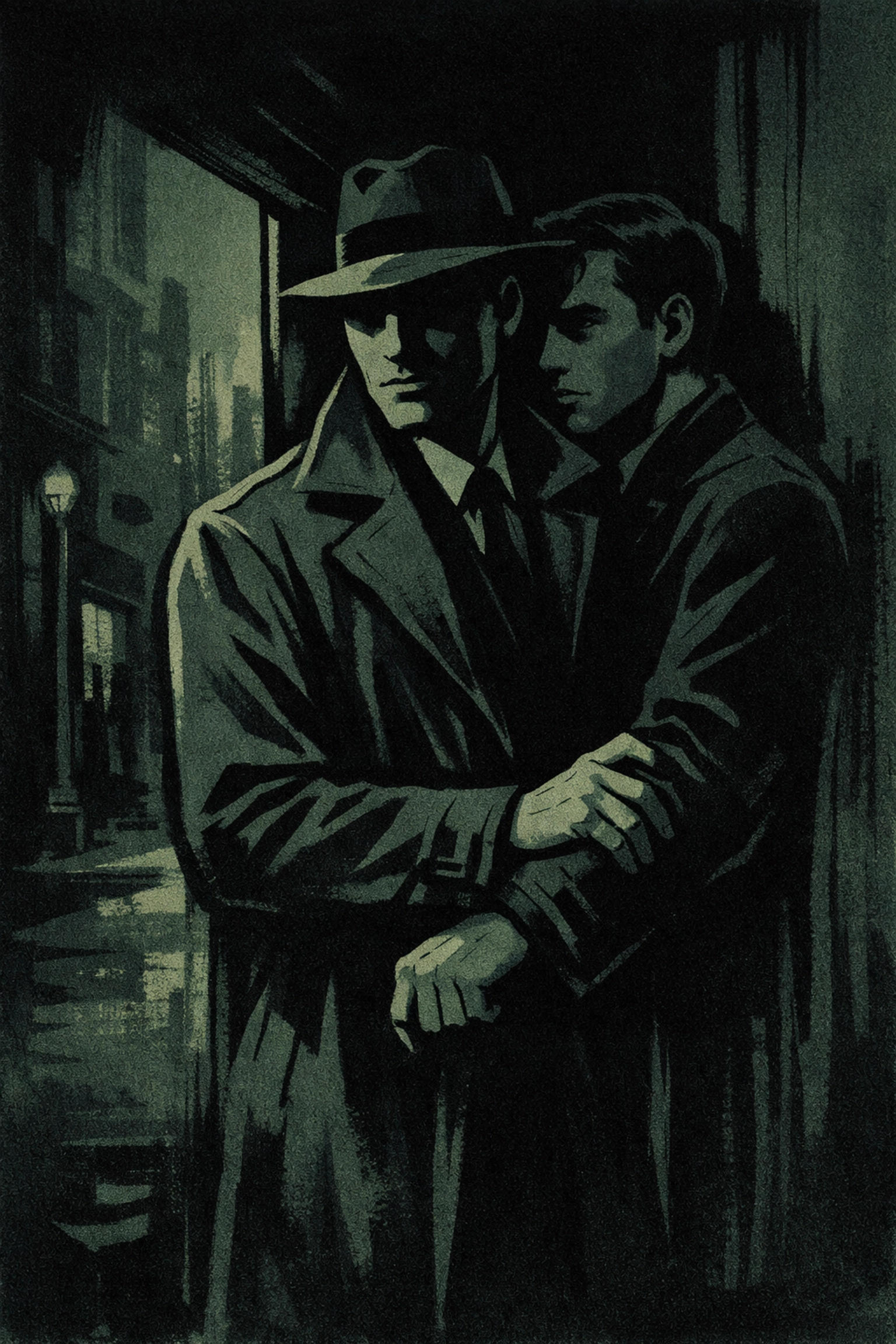 Atmospheric sketch of two men in a city doorway, reflecting the tension in a gay thriller novel.