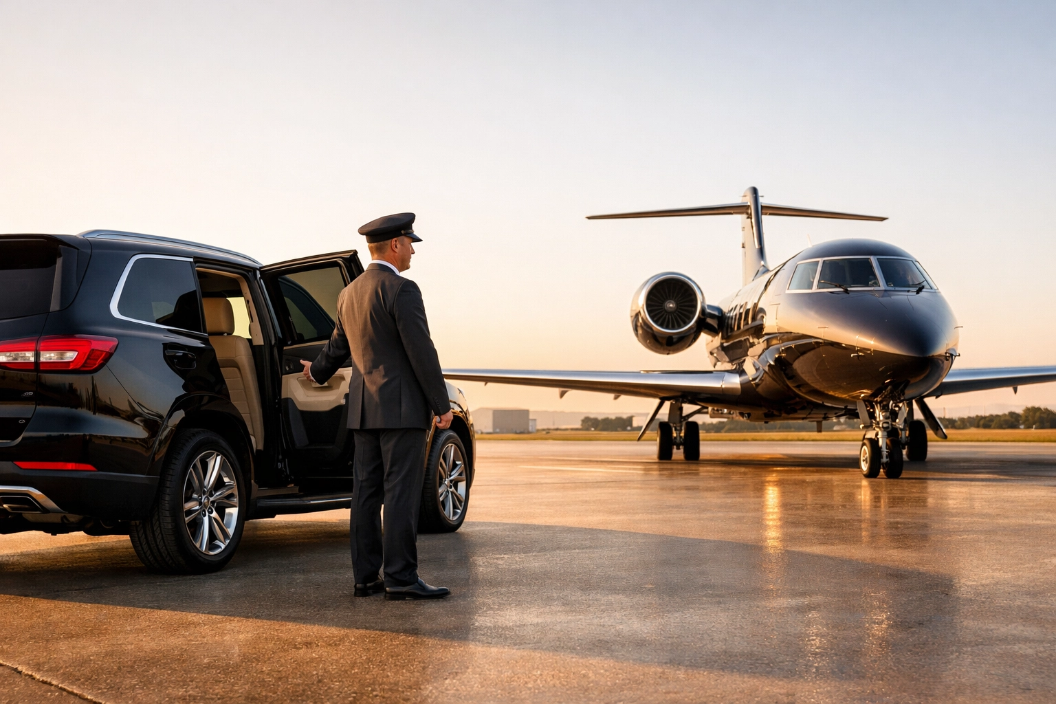 Luxury private jet and chauffeured SUV for seamless Super Bowl corporate travel logistics.