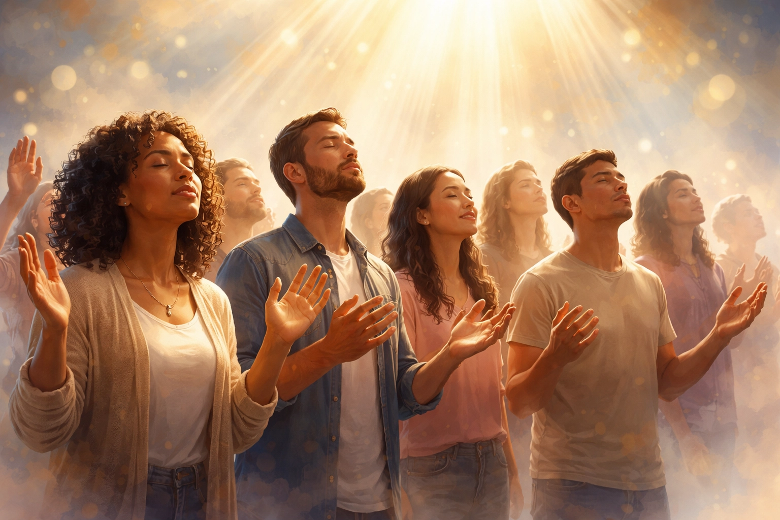 A diverse group of people worshiping together with hands raised, symbolizing empowerment by the Holy Spirit.