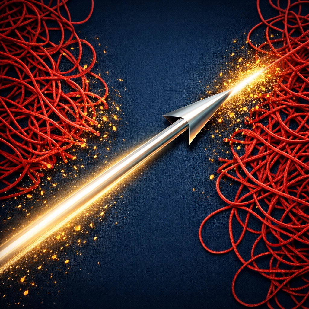A silver arrow cutting through tangled red threads, symbolizing how OKRs remove bureaucracy and create clear direction.