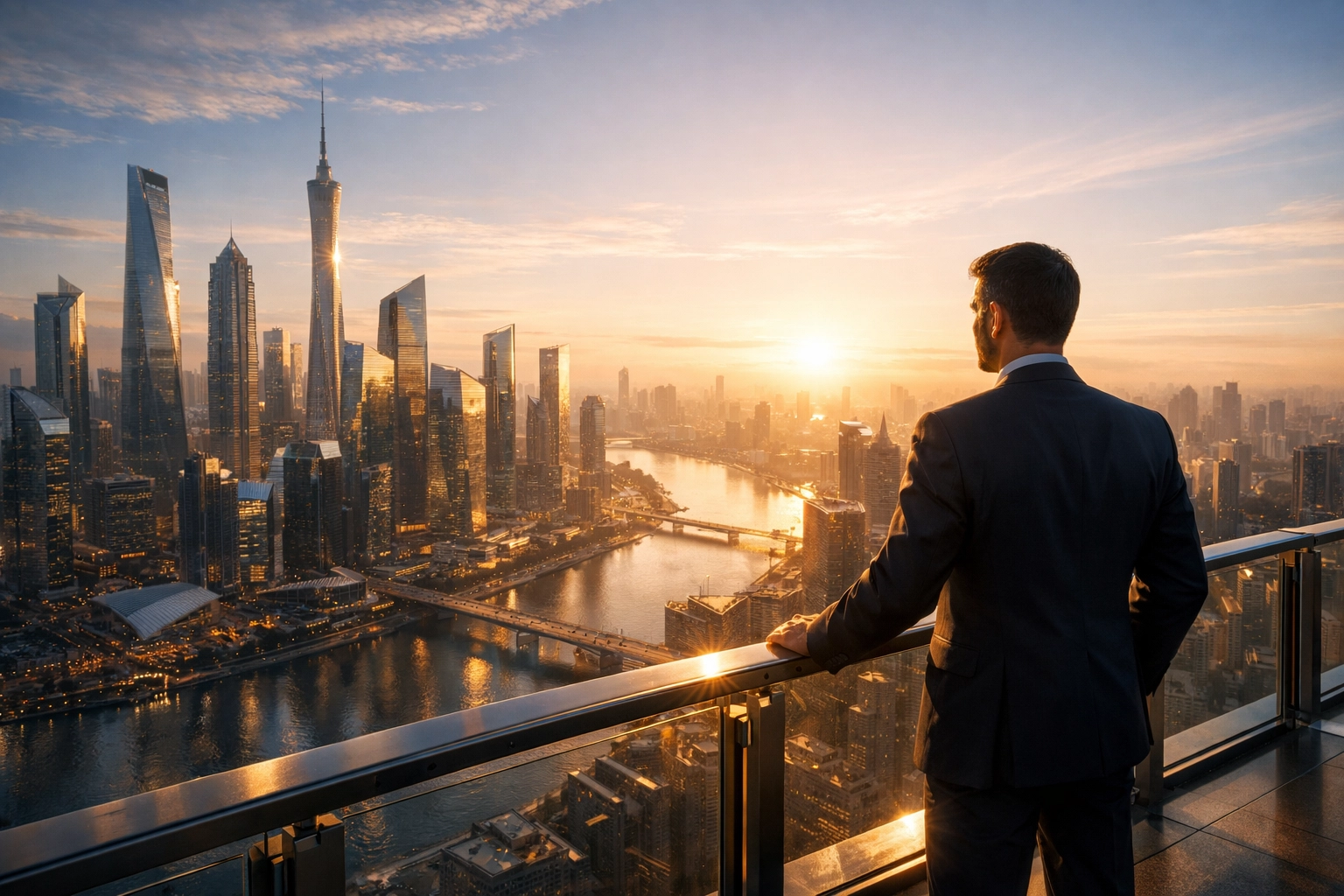 An entrepreneur overlooking a city skyline symbolizing a successfully scaled business enterprise.
