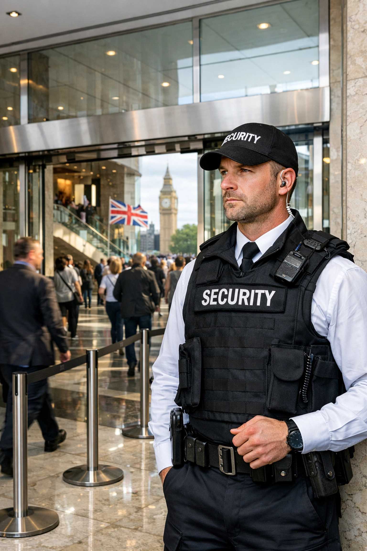 Alert security professional monitoring a London venue entrance for Martyn’s Law compliance.
