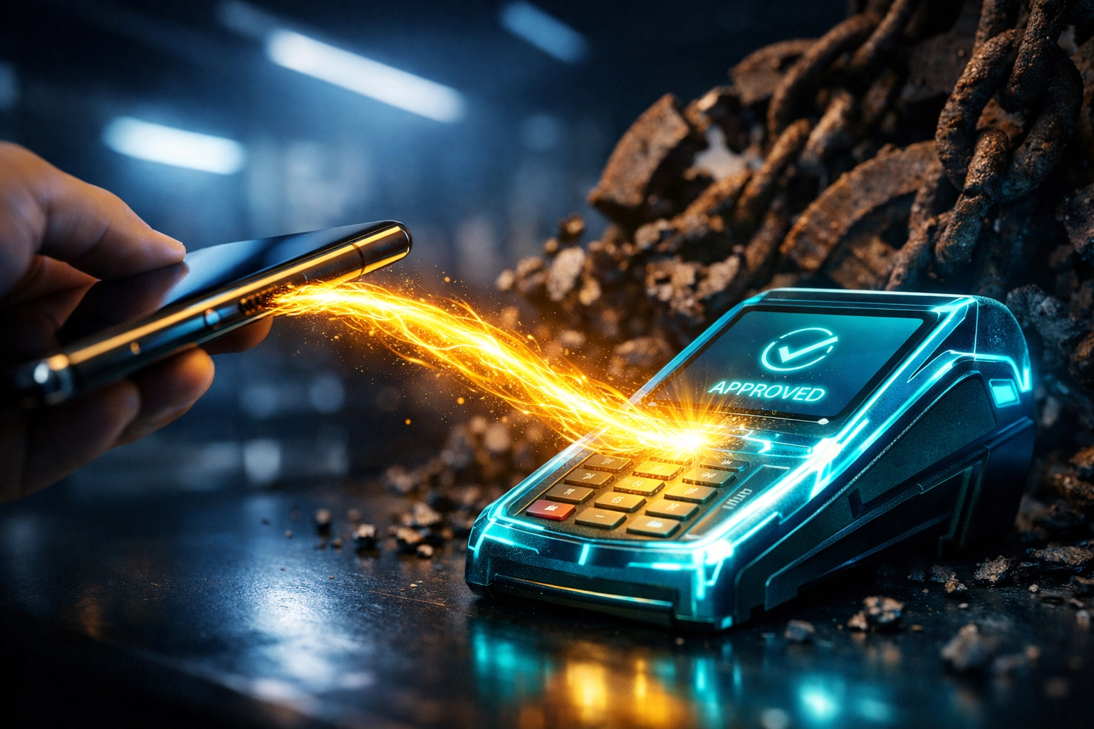 Secure self-custody crypto payment flowing directly from customer to merchant terminal, replacing legacy banking.