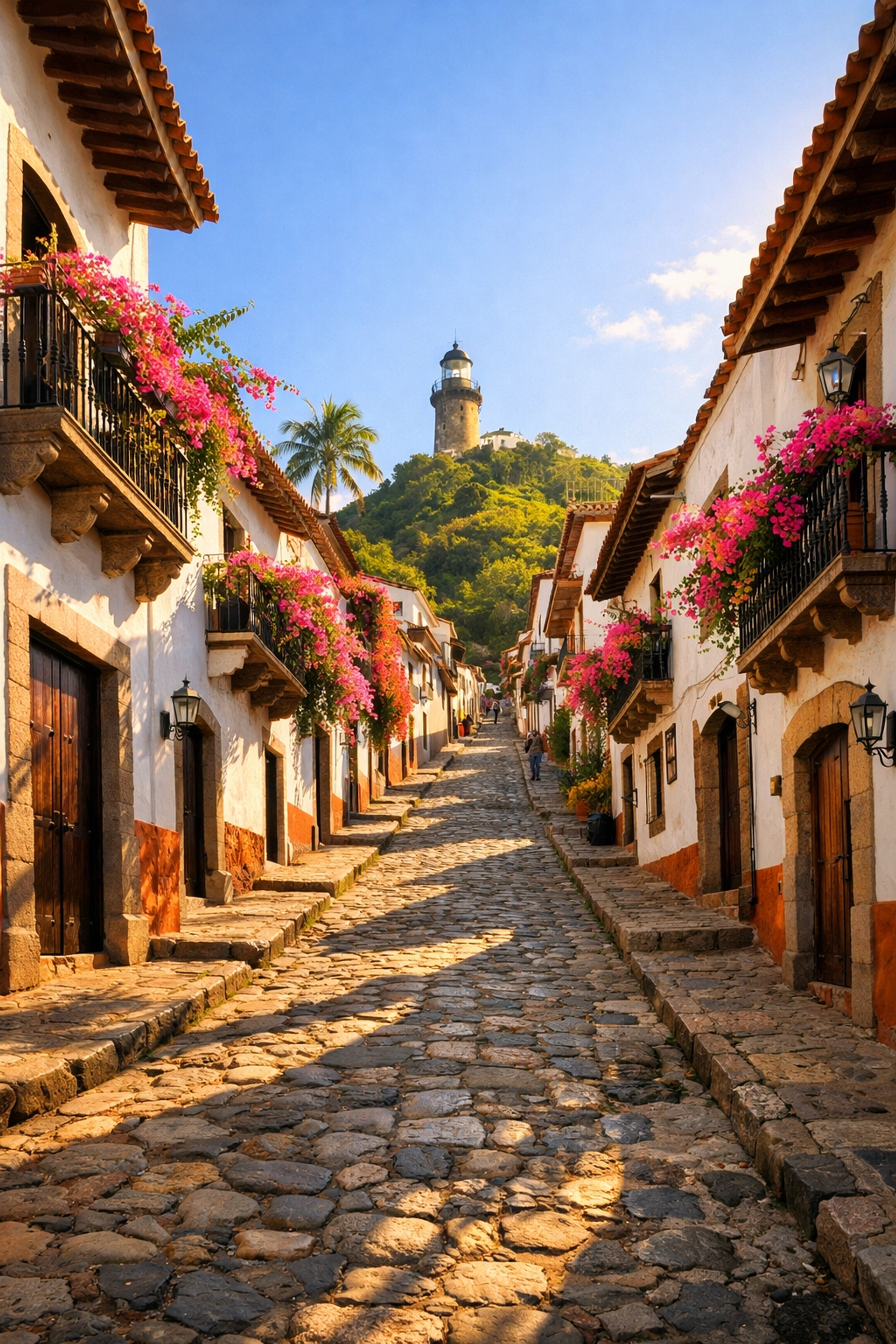 Colorful cobblestone street C. Mina leading to the lighthouse in Old Town Puerto Vallarta.