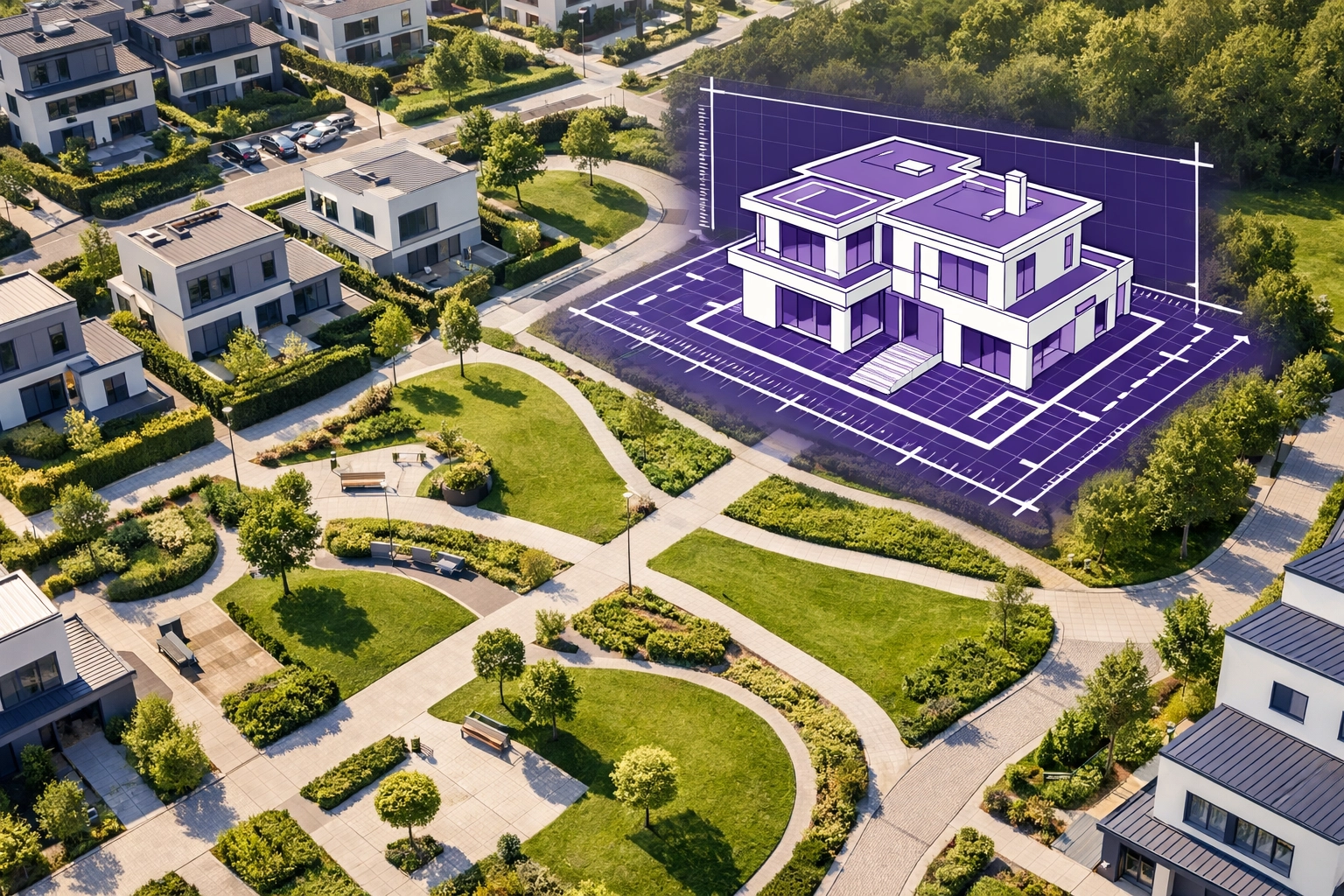 Modern housing development site plan in Essex showing structural precision and commonhold management planning.