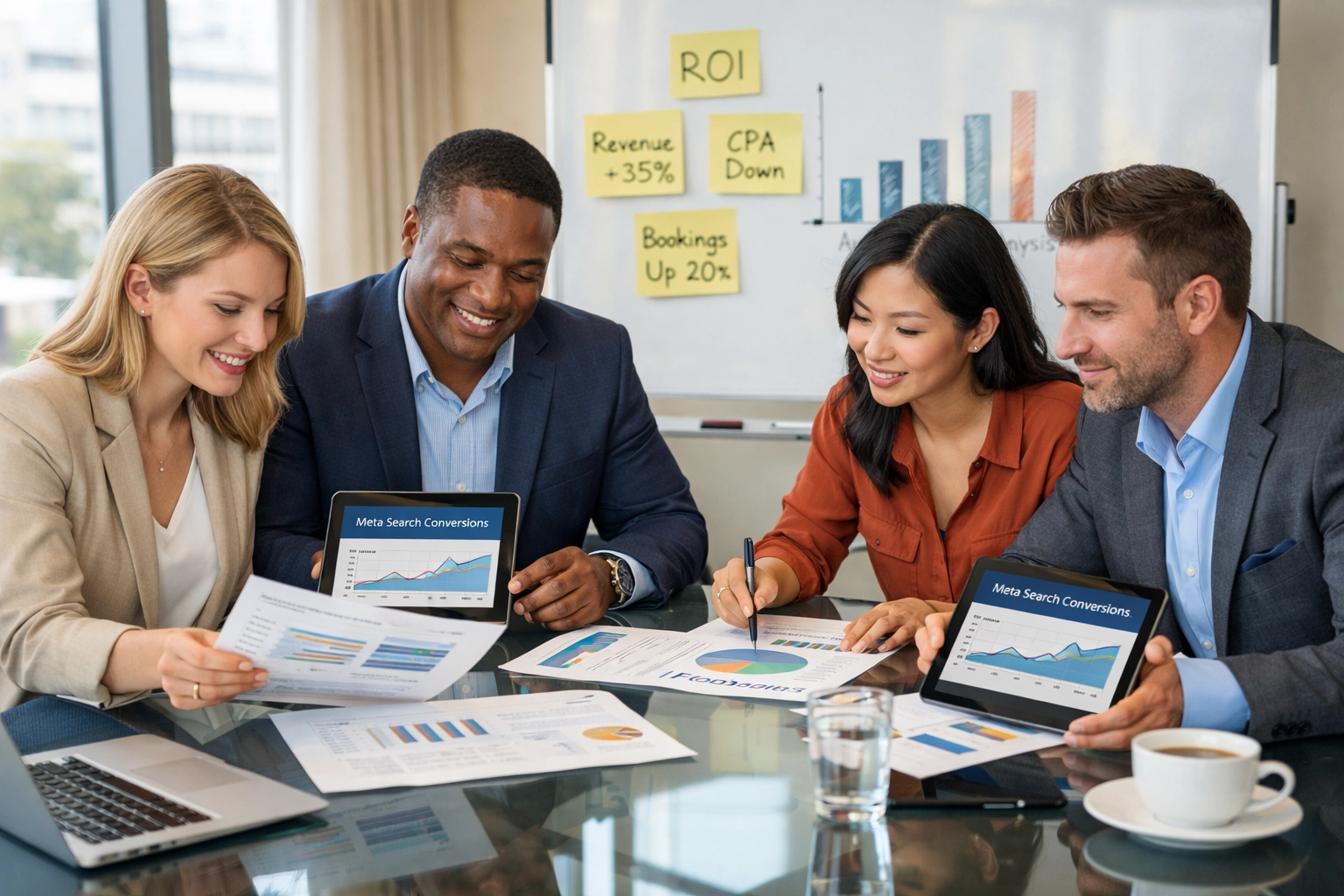 Hotel marketing team reviewing meta search ROI metrics and performance reports together
