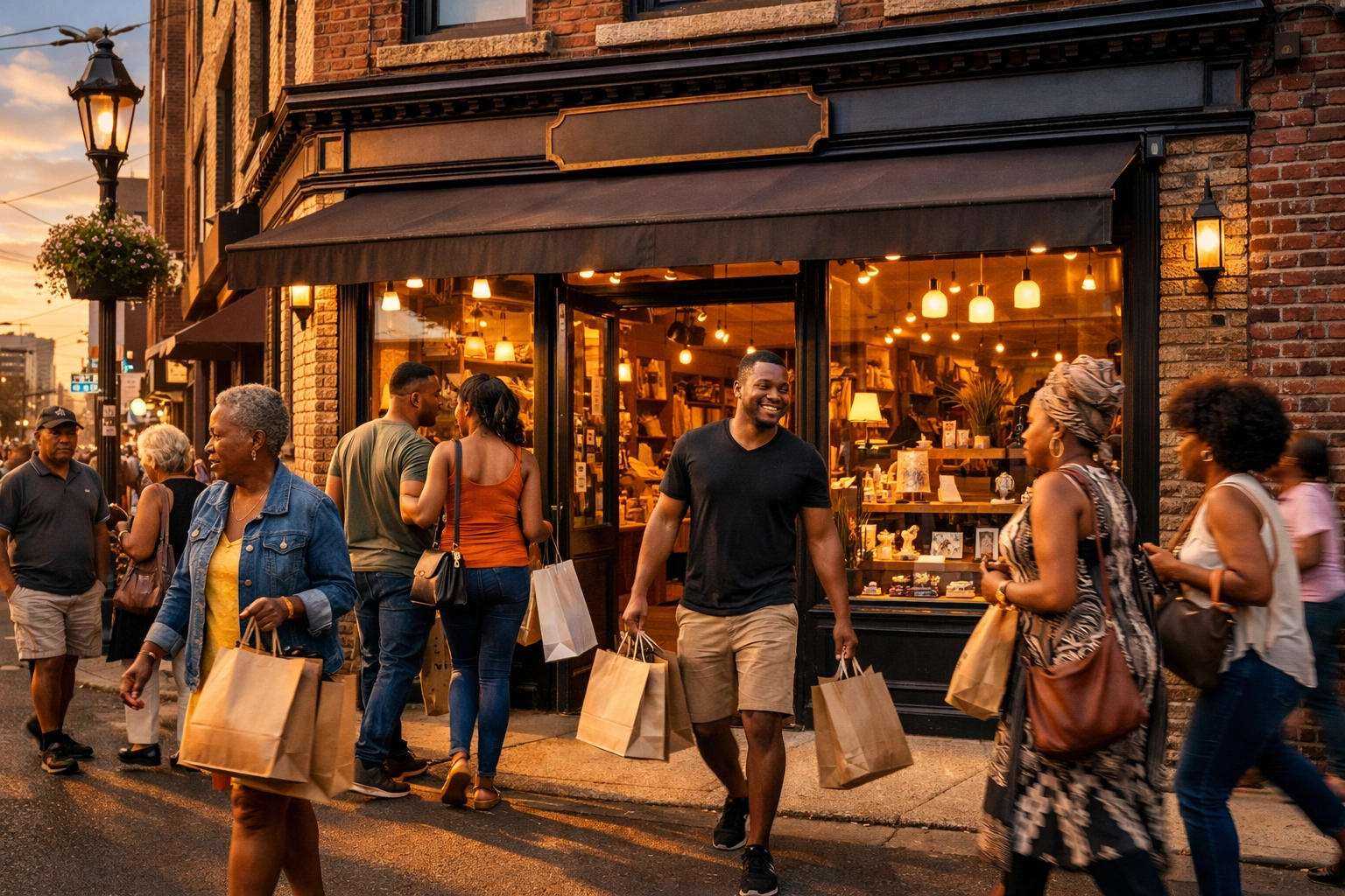 Thriving Black-owned storefront with community members shopping and supporting