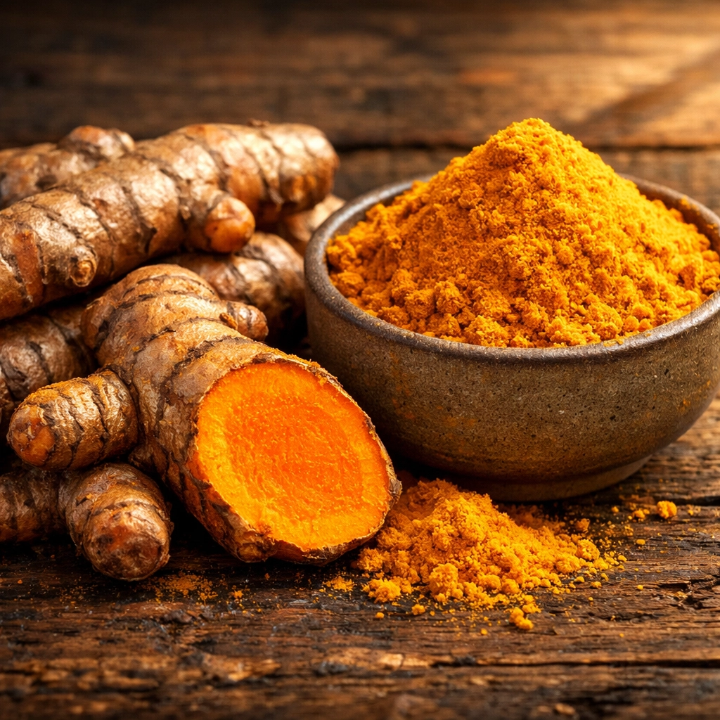Fresh Kerala turmeric roots and vibrant turmeric powder, a natural anti-inflammatory gold standard for cooking.