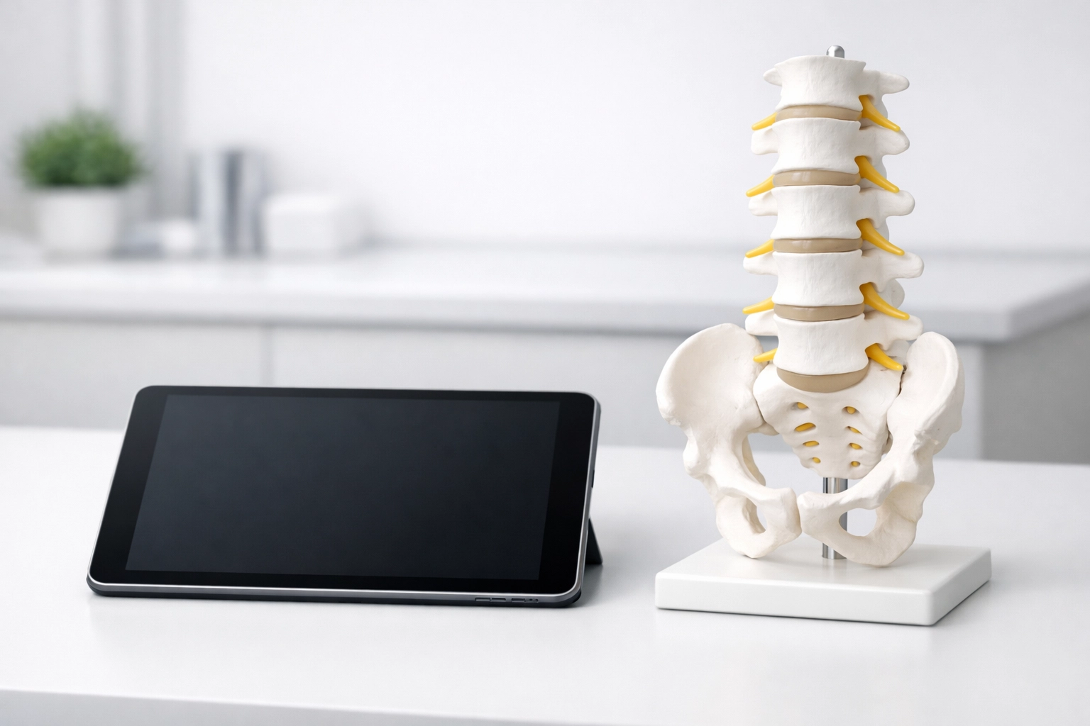 Digital tablet beside a human spine model representing technology-driven chiropractic marketing.