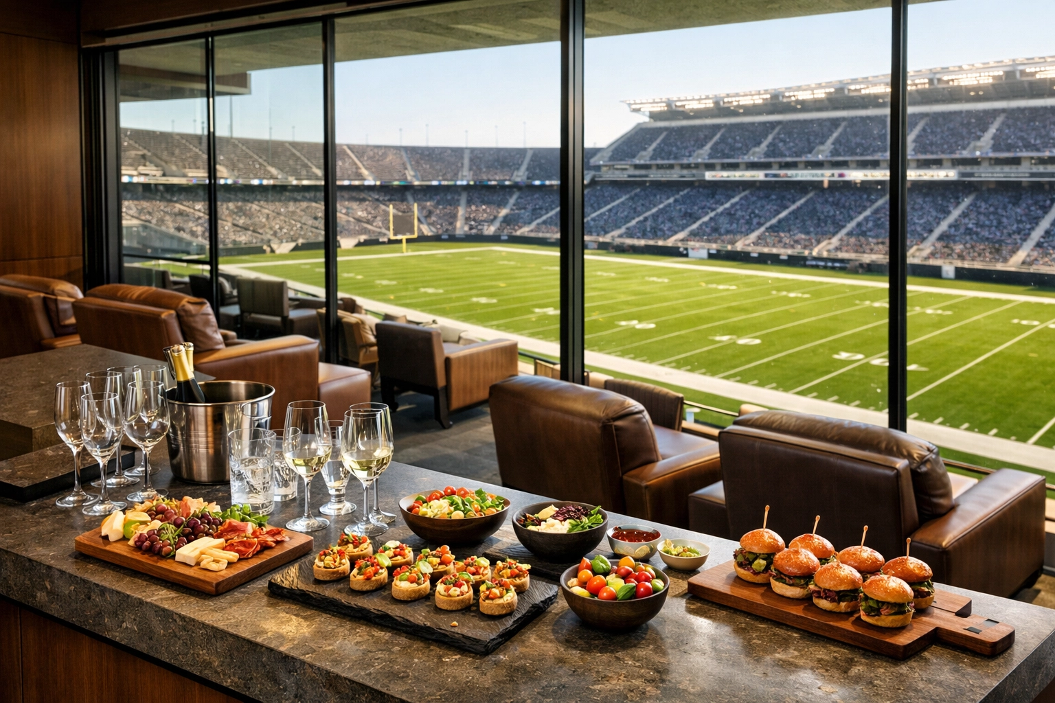 Interior of a luxury corporate stadium suite with gourmet catering and views of the football field.