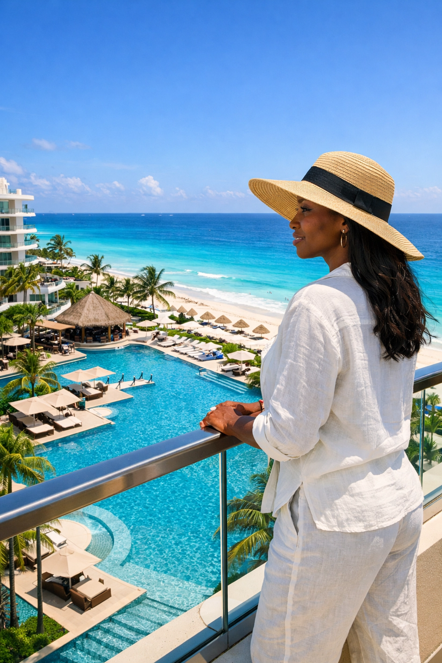 A luxury Cancun resort balcony view, showing the value of an expert Adults Only travel agent.