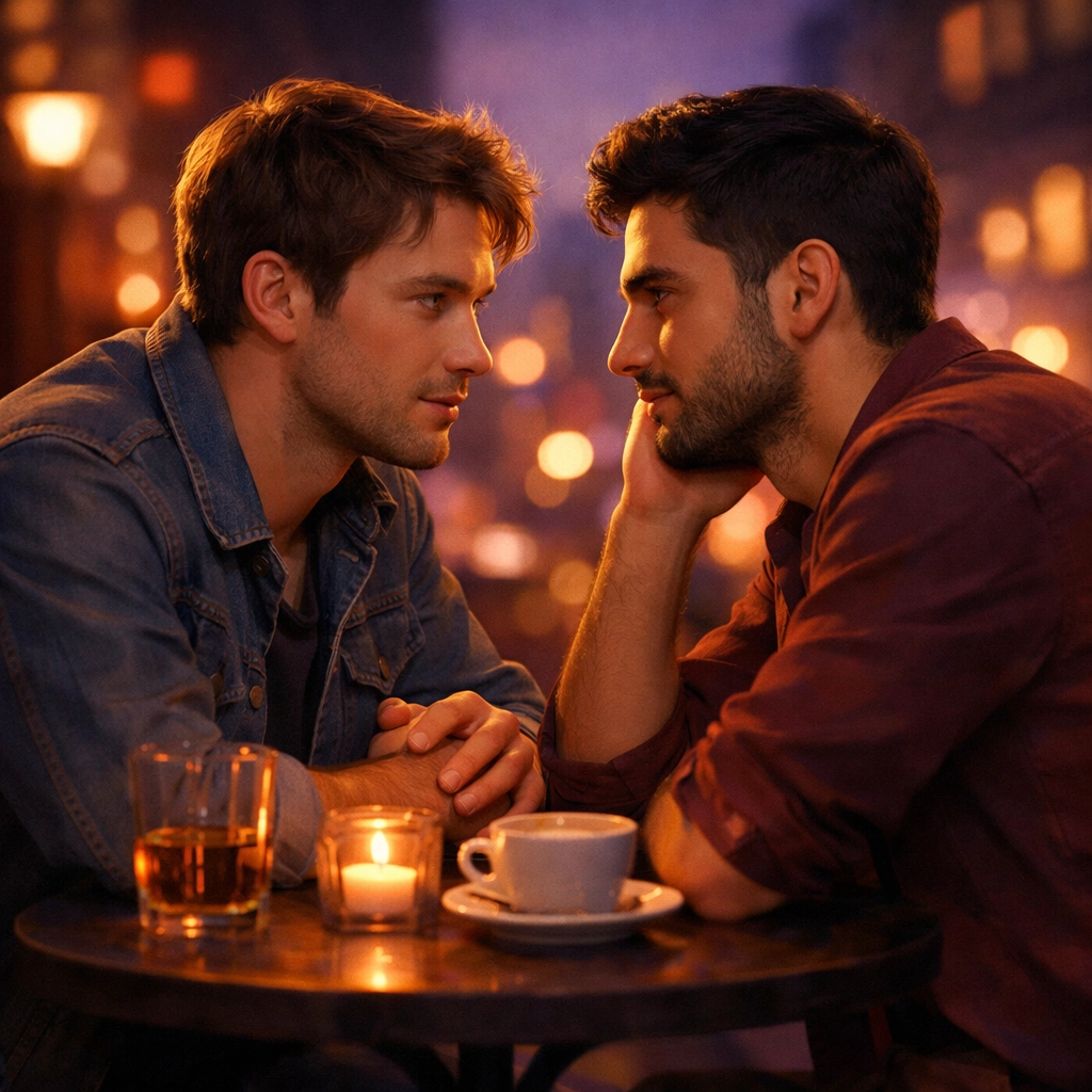 Two men sharing an intimate, emotional conversation at a cafe, capturing the queer gaze in modern fiction.