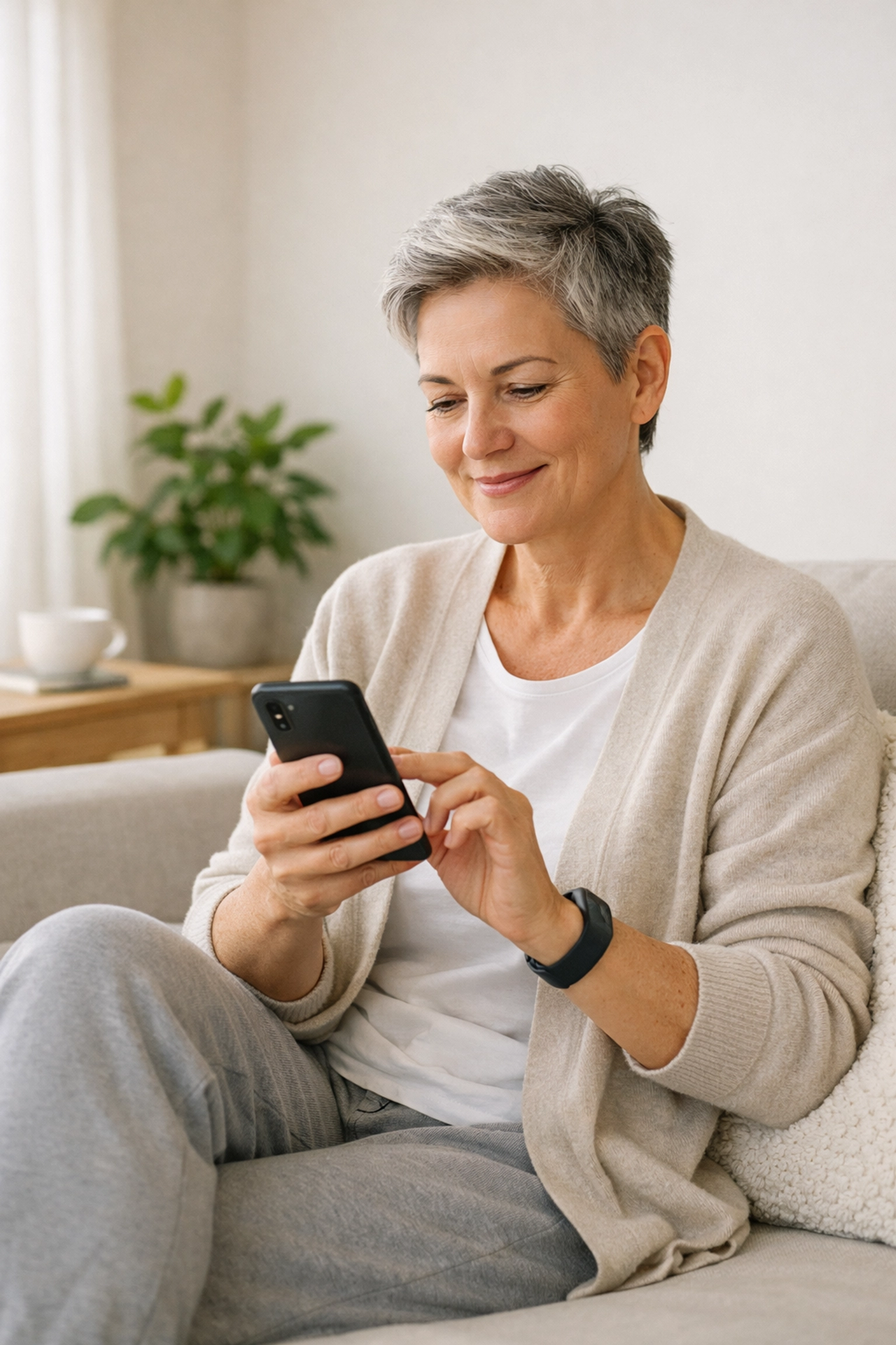 An individual using a smartphone to complete an online weight loss assessment for telemedicine eligibility.