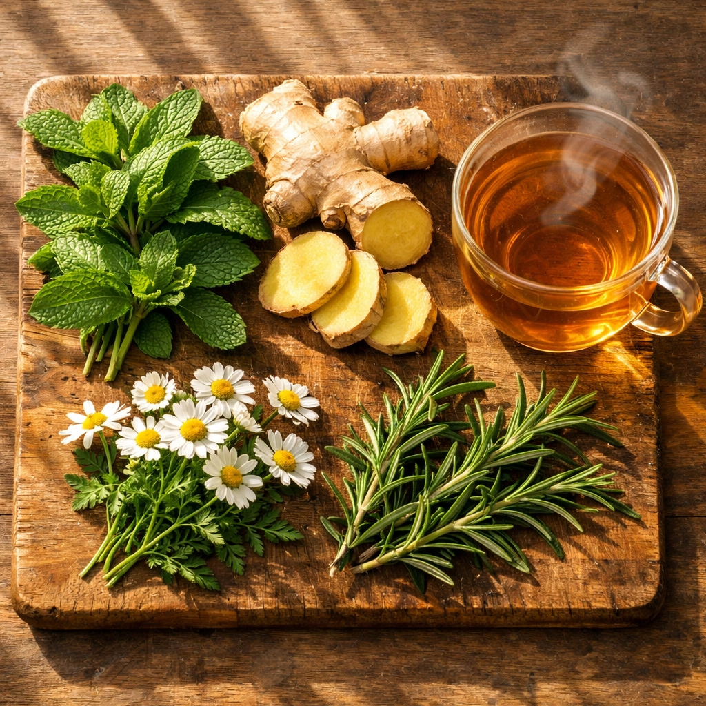 Fresh gut-healing herbs including peppermint, ginger, chamomile, and rosemary with herbal tea