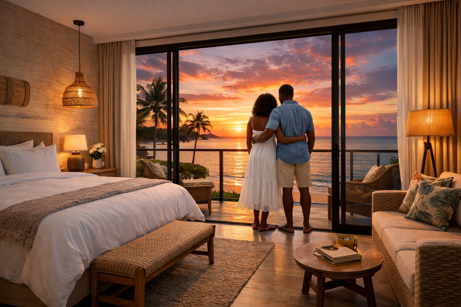 Luxury hotel room with ocean view balcony at tropical beach destination
