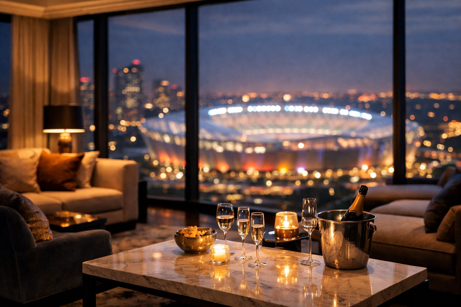 Luxury penthouse suite with a stadium view for high-end Super Bowl VIP executive hosting and logistics.