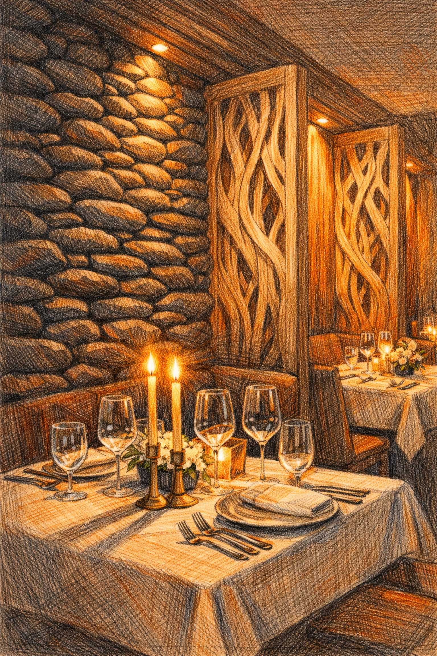 High-end restaurant interior with stone walls and wood partitions, a staple of boutique hotel interior design.