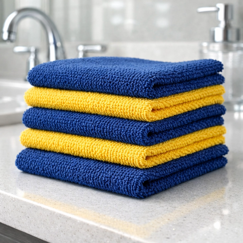 Neatly stacked microfiber cloths used by professional maid services Lowell for high-end home maintenance.