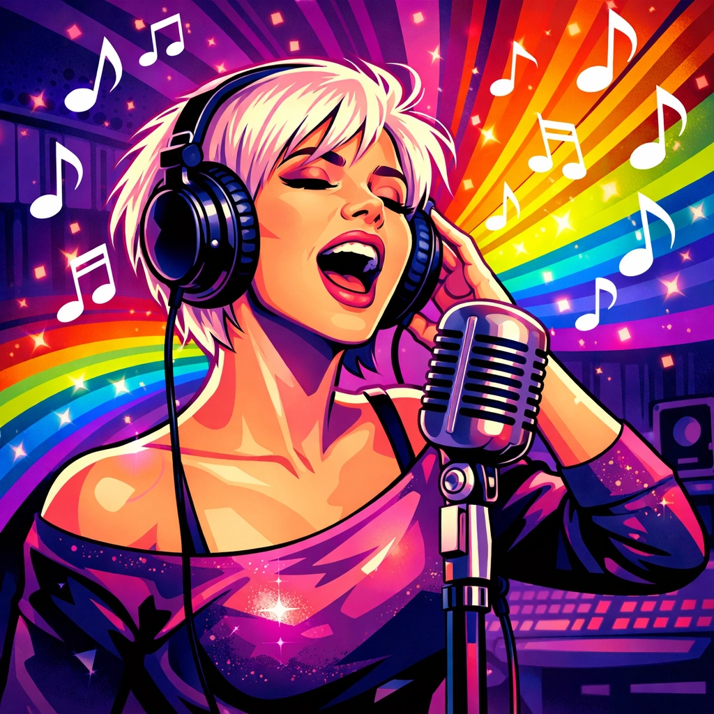 LGBTQ+ pop artist recording music in studio with rainbow lighting and creative energy