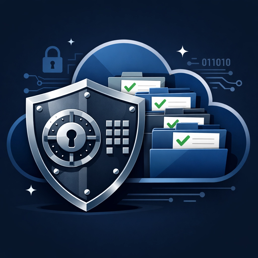 Secure digital shield icon protecting a cloud of tax documents to ensure safe virtual tax preparation.