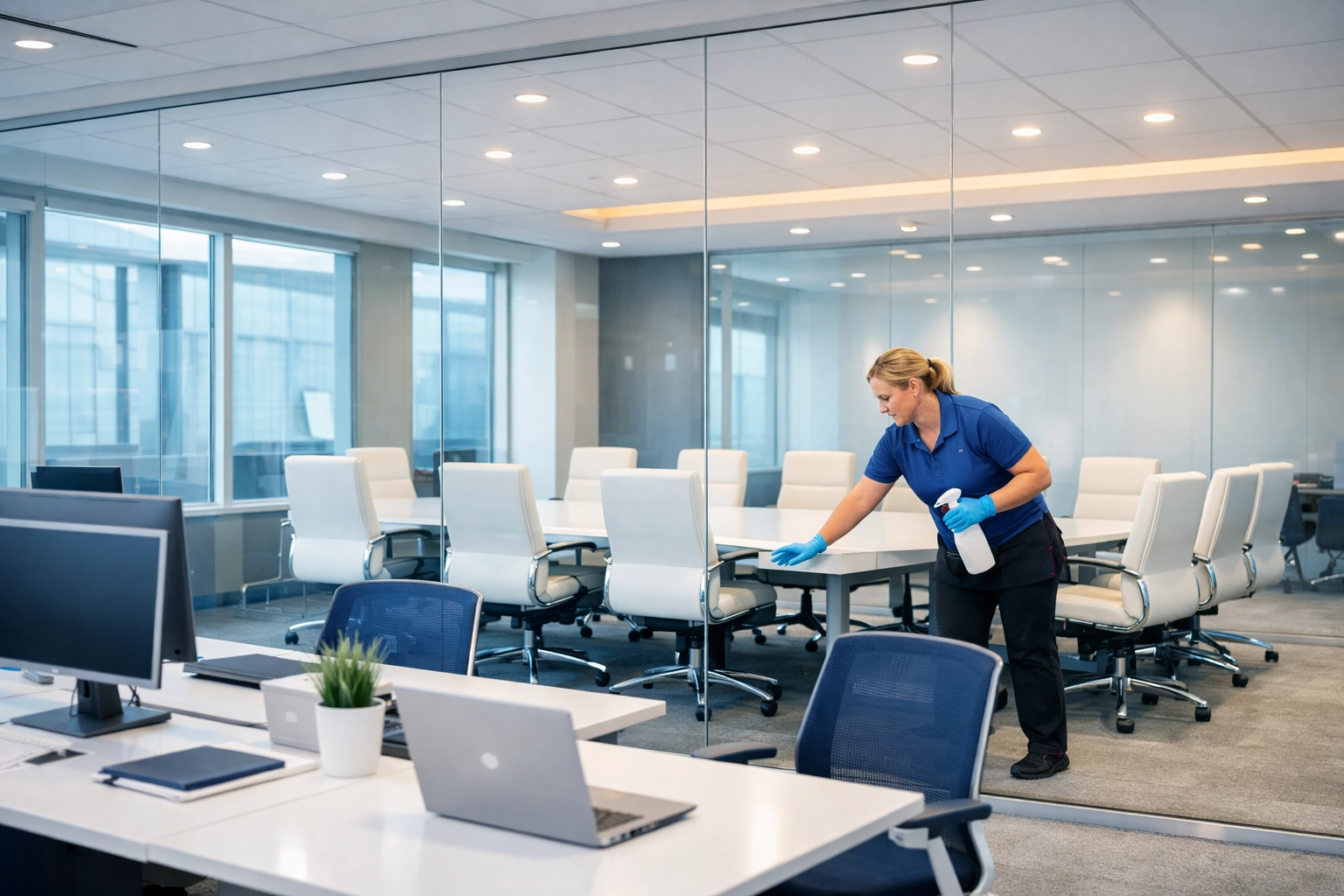 Professional cleaners in Lexington sanitizing a high-end corporate office workspace.