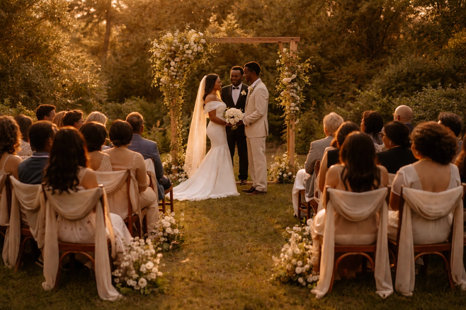 Intimate outdoor wedding ceremony with African American couple, close family and friends, lush greenery and warm golden hour lighting
