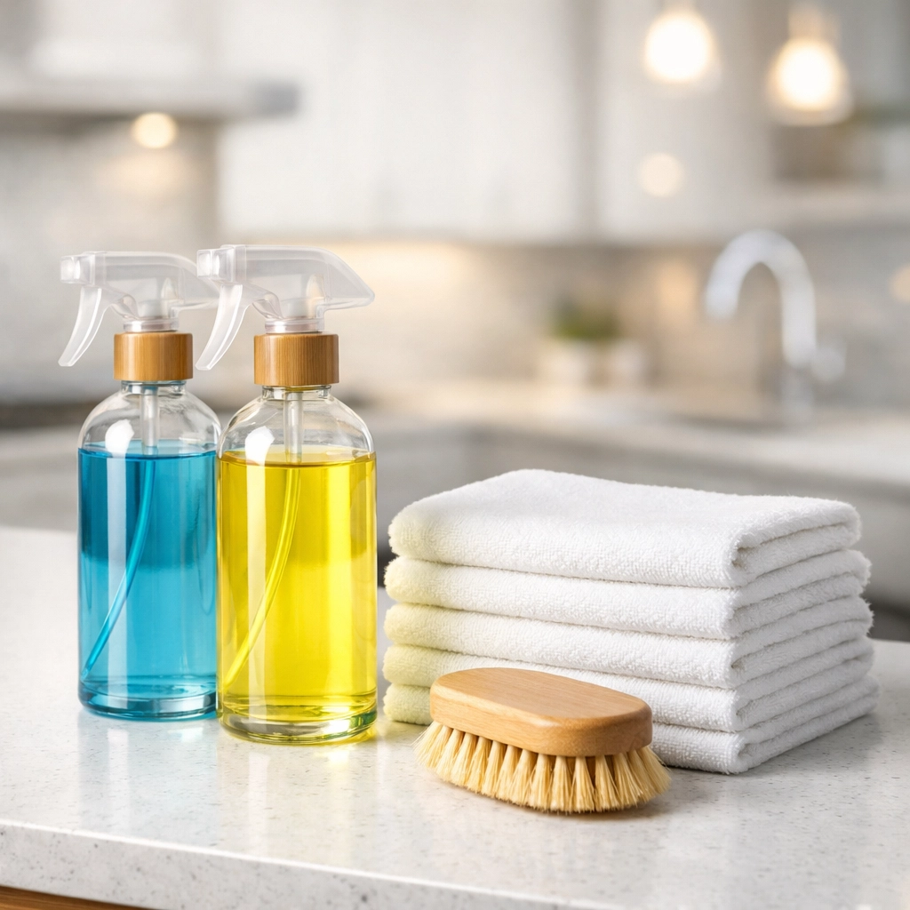 Eco-friendly cleaning supplies on a counter for professional move-out cleaning in Brookline.