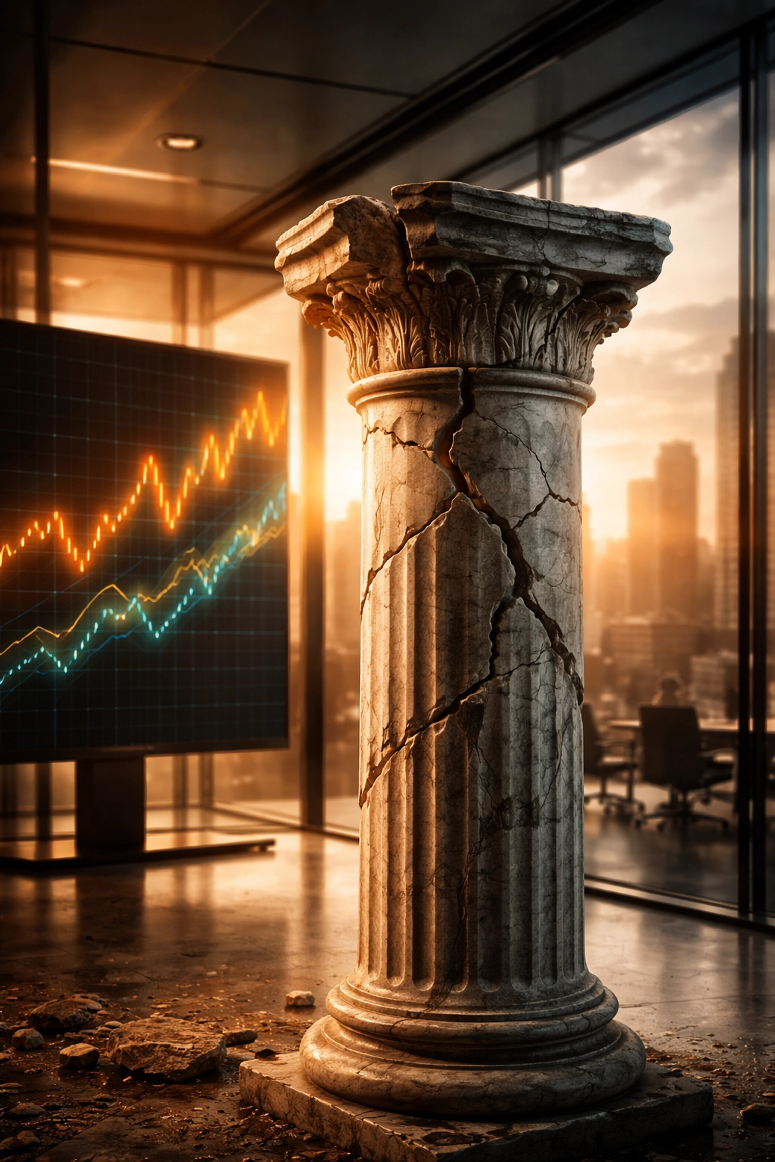 A cracked marble column in a modern office symbolizes the decline of traditional 60/40 portfolios