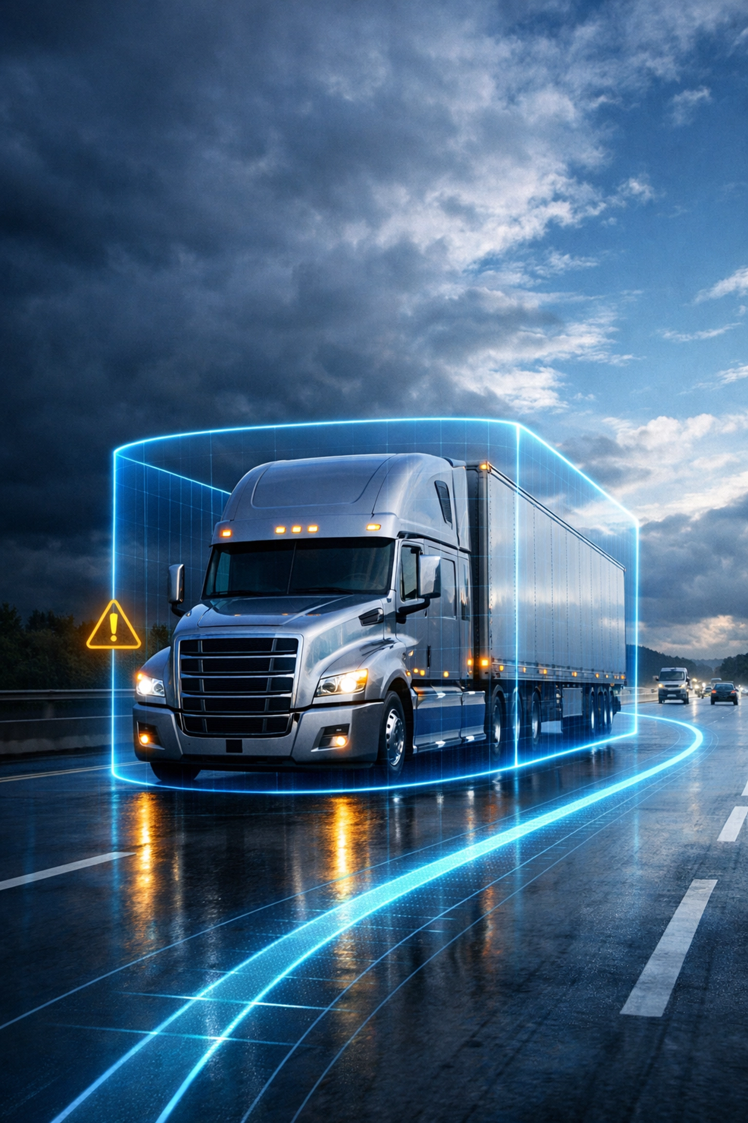 A semi-truck using video telematics and GPS rerouting to navigate severe spring weather storms safely.