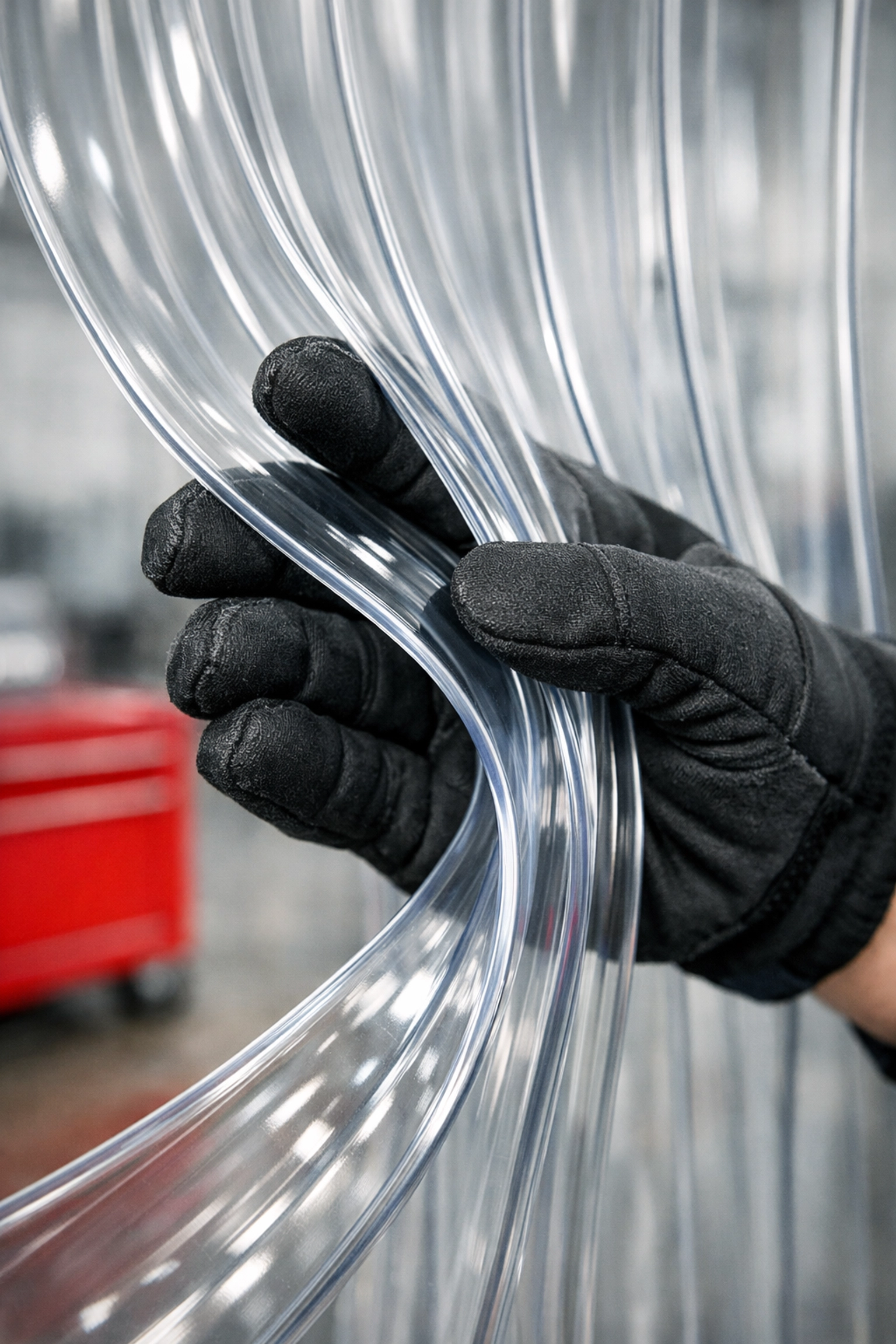 Flexible PVC door strips being used to demonstrate durability and high material clarity.
