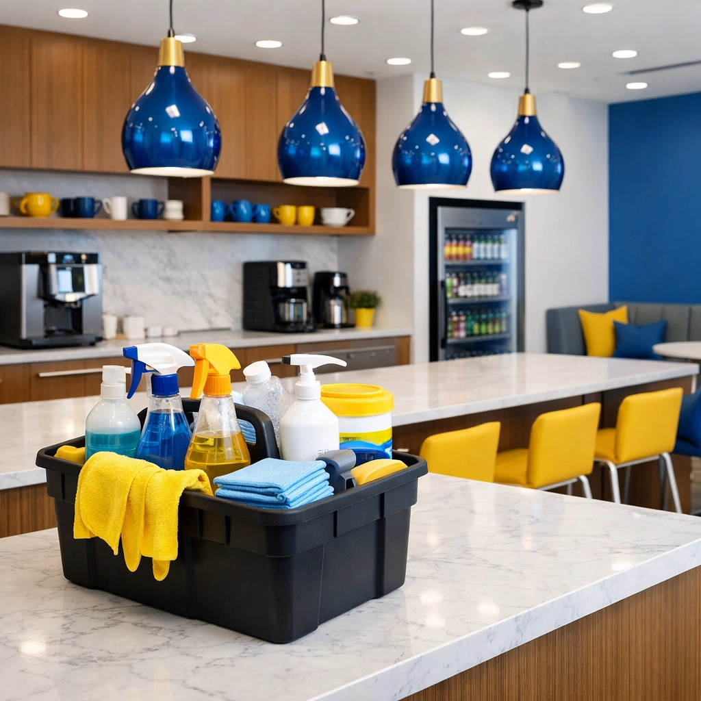 Clean office breakroom with marble counters maintained by eco-friendly janitorial services Massachusetts.