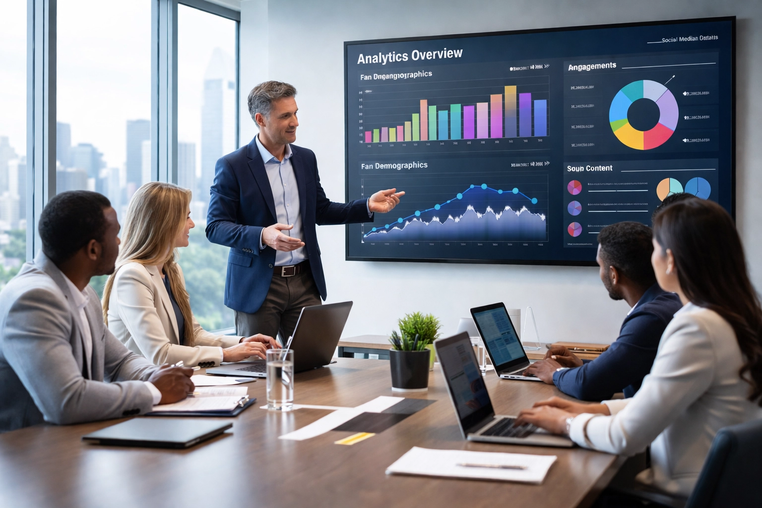 Sports executives in a boardroom analyze digital analytics on a large screen, highlighting data-driven strategy in the modern sports industry.