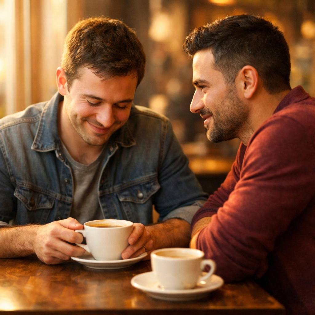 Two men on second date at coffee shop building connection in gay relationship