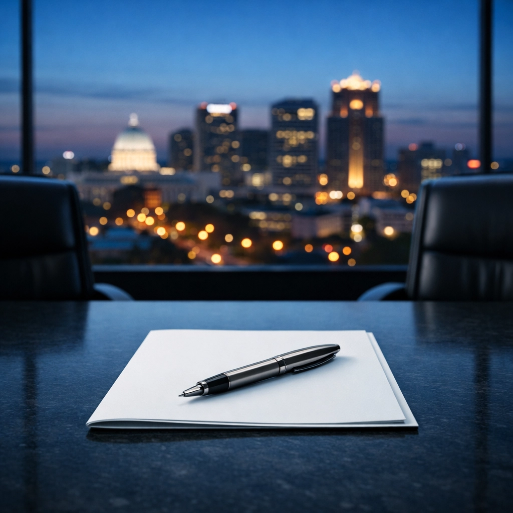 Professional boardroom with a pen and folder, representing a strategic Alabama business sale.