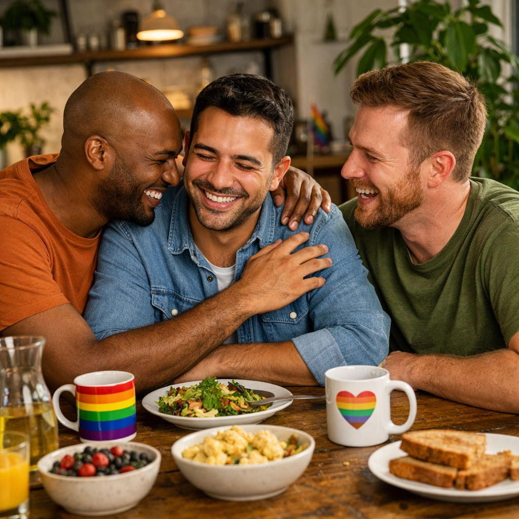 Three gay men laughing over dinner, representing the queer milestone of building a supportive chosen family.