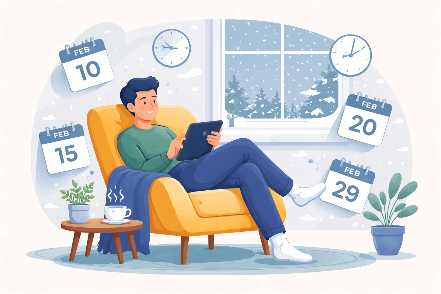 Person relaxing with a tablet and calendar pages, symbolizing waiting to file taxes for maximum accuracy