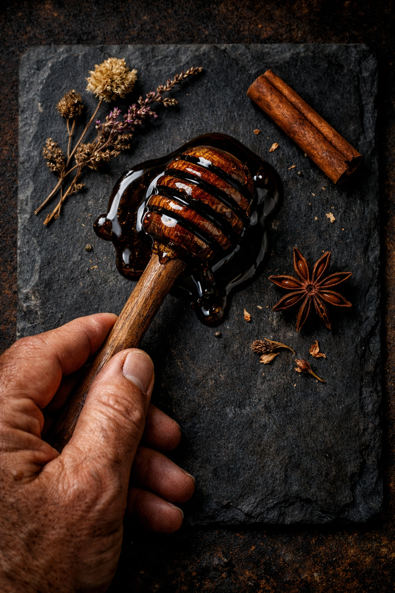 A wooden dipper coated in thick dark forest honey on a slate background with forest botanicals.