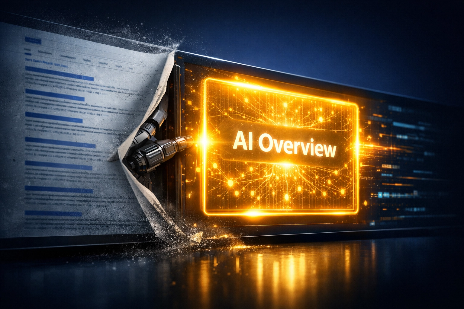 AI Overview box replacing traditional blue search links on a digital screen
