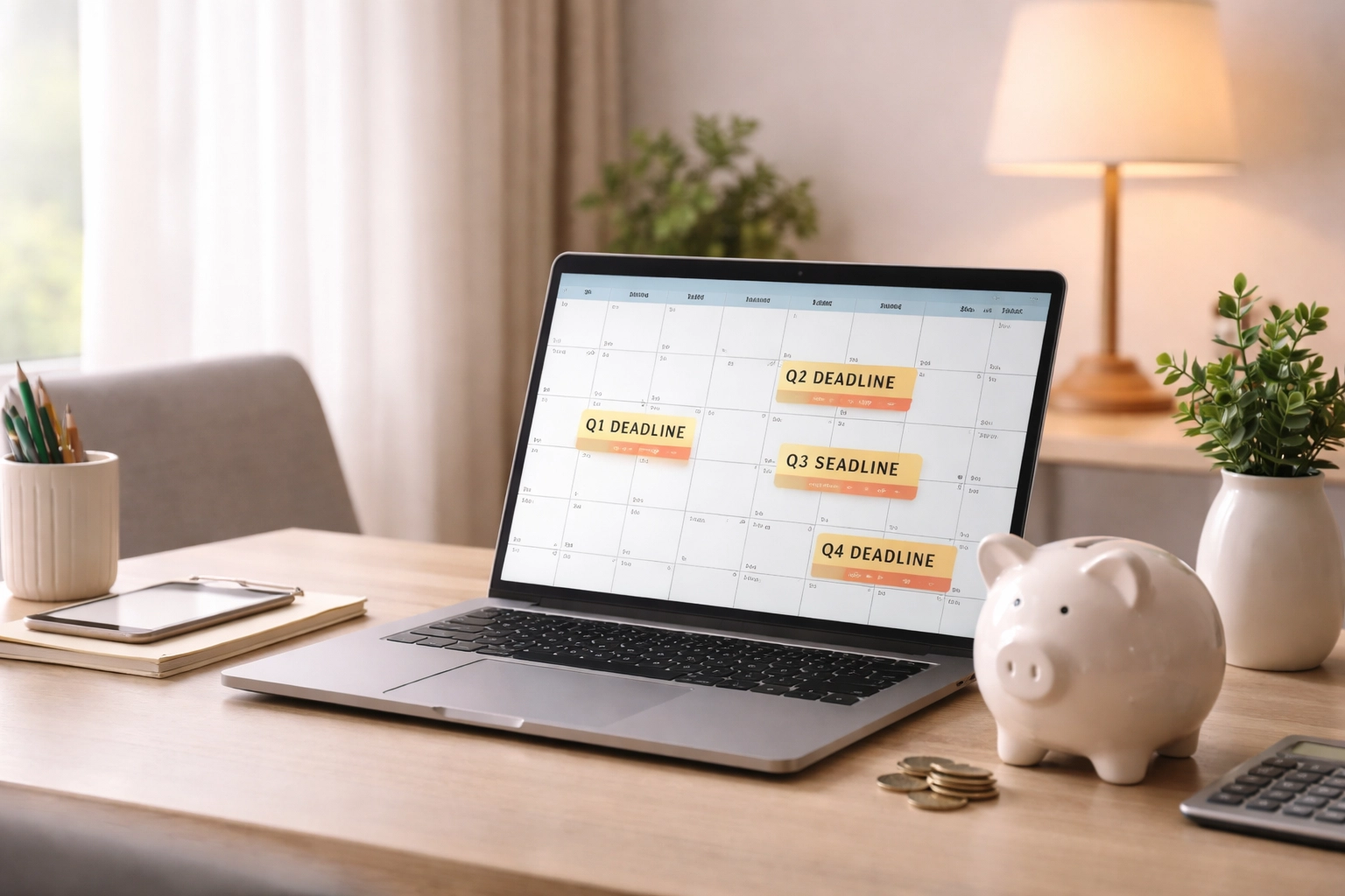 Home office with laptop and piggy bank, demonstrating quarterly tax payment and savings for small business