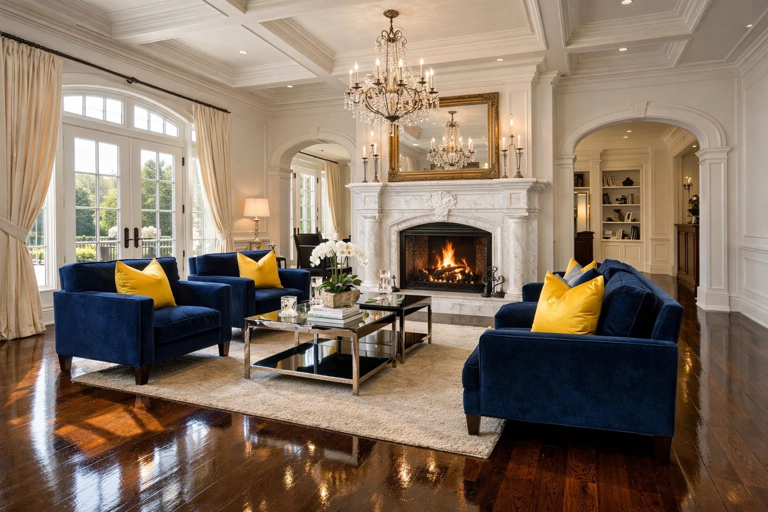 Pristine luxury living room in a Dover estate after residential cleaning Massachusetts.