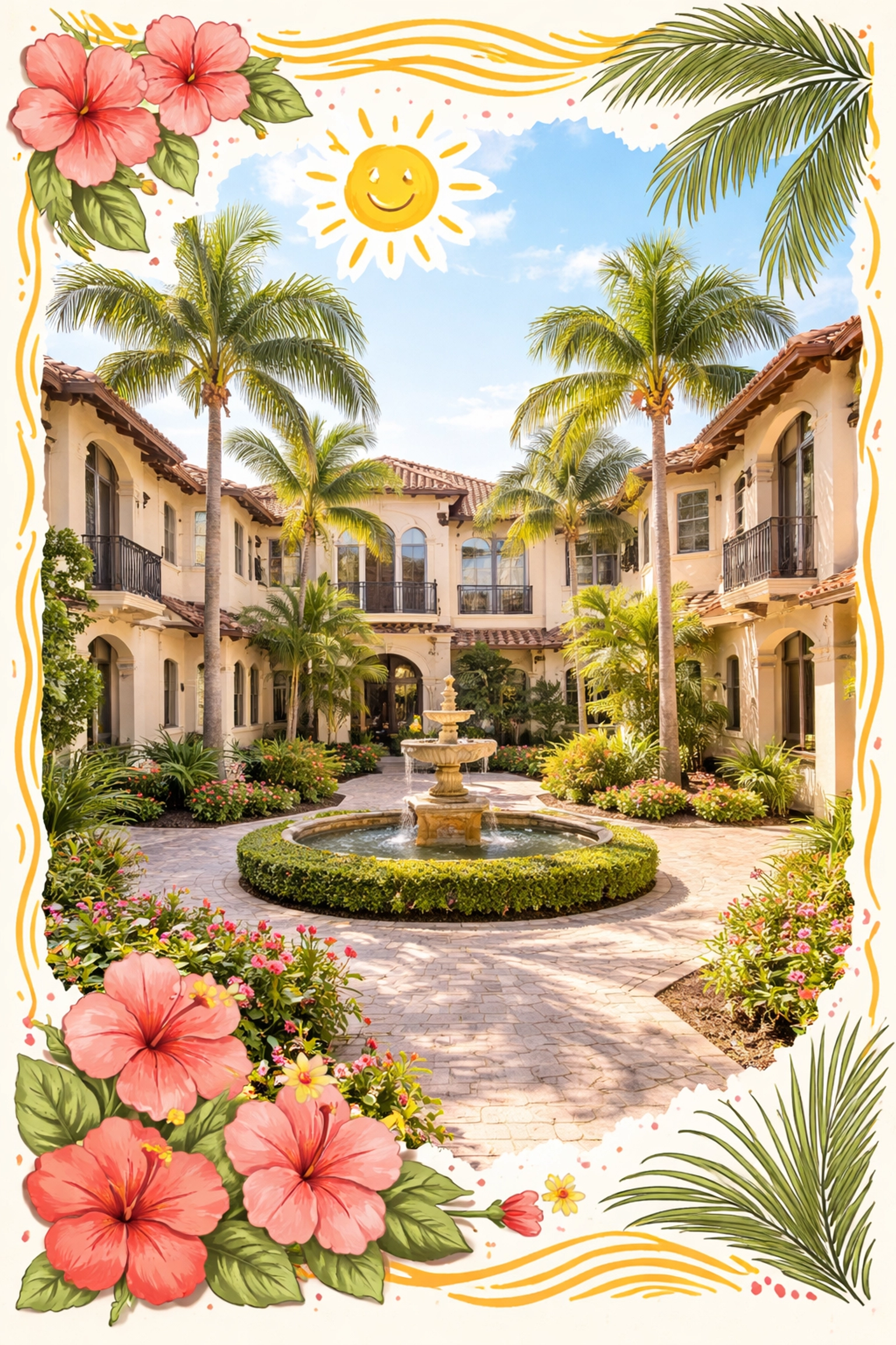 Mediterranean-style luxury townhome community in Pompano Beach with lush landscaping and sunny courtyards.