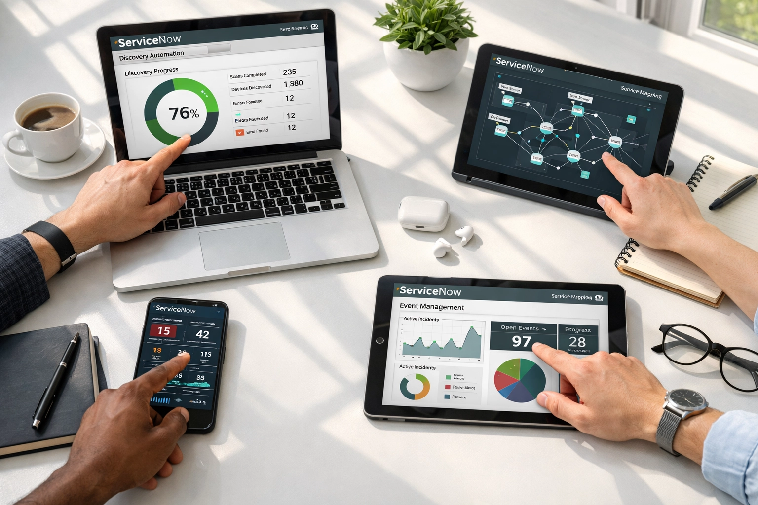 IT team reviewing ServiceNow event management and discovery automation dashboards on multiple devices