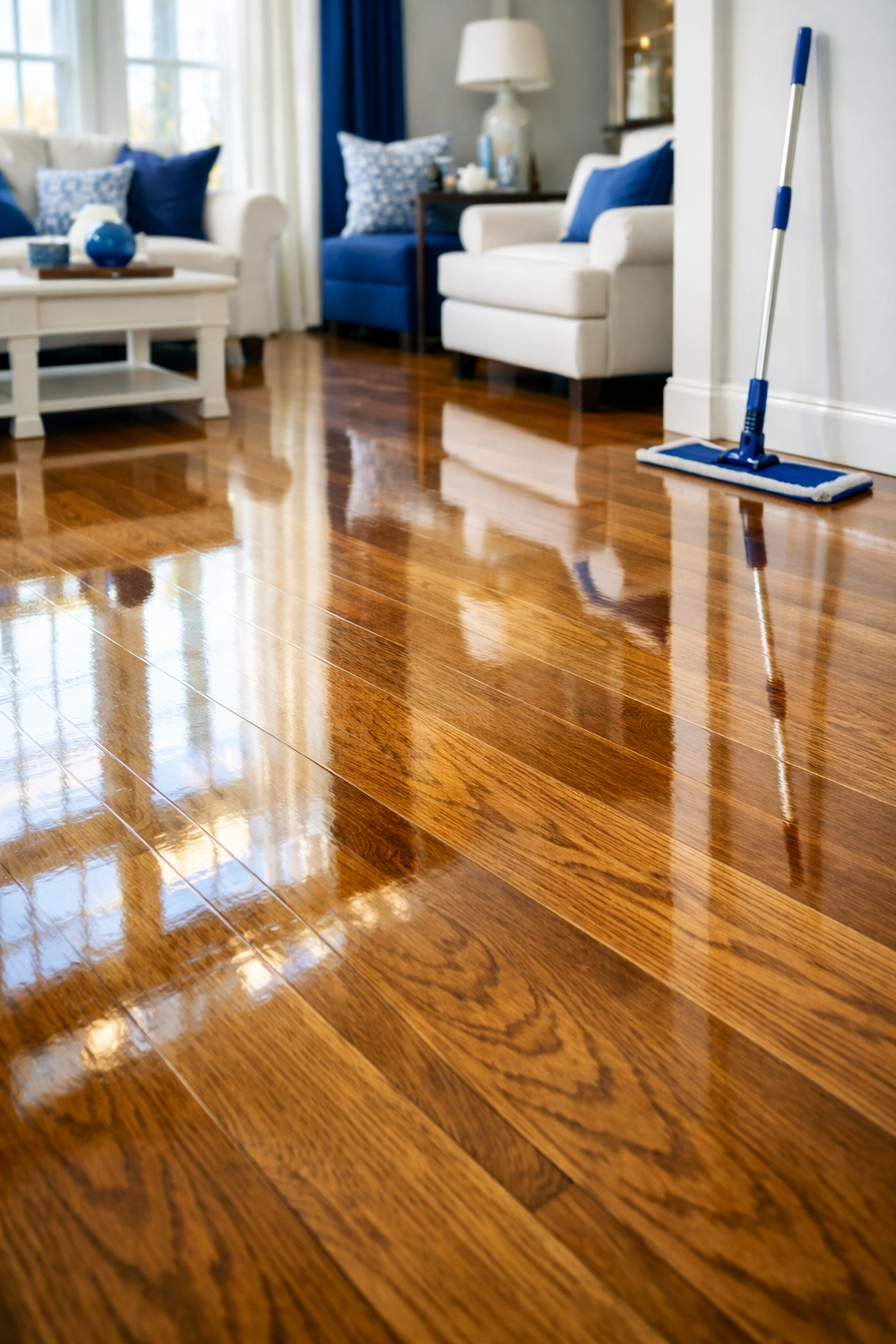 Polished streak-free hardwood floors in a sunlit Westford living room after a professional cleaning routine.
