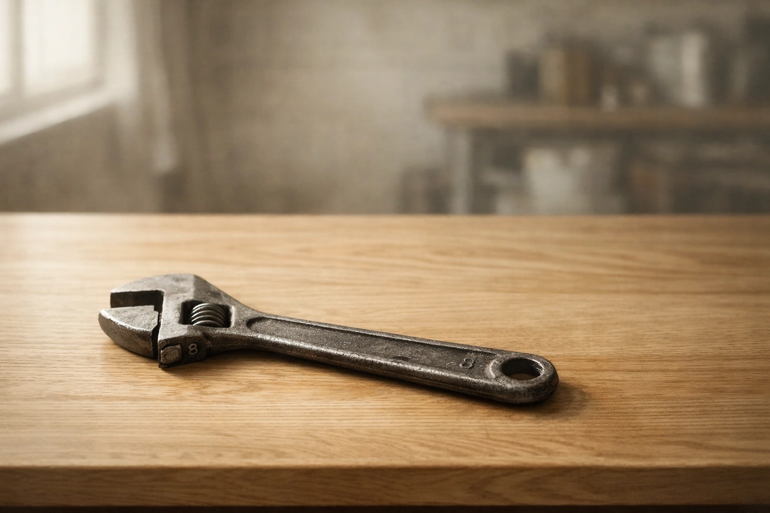 A vintage wrench on a wooden table symbolizing cost-effective Waco property management maintenance services.
