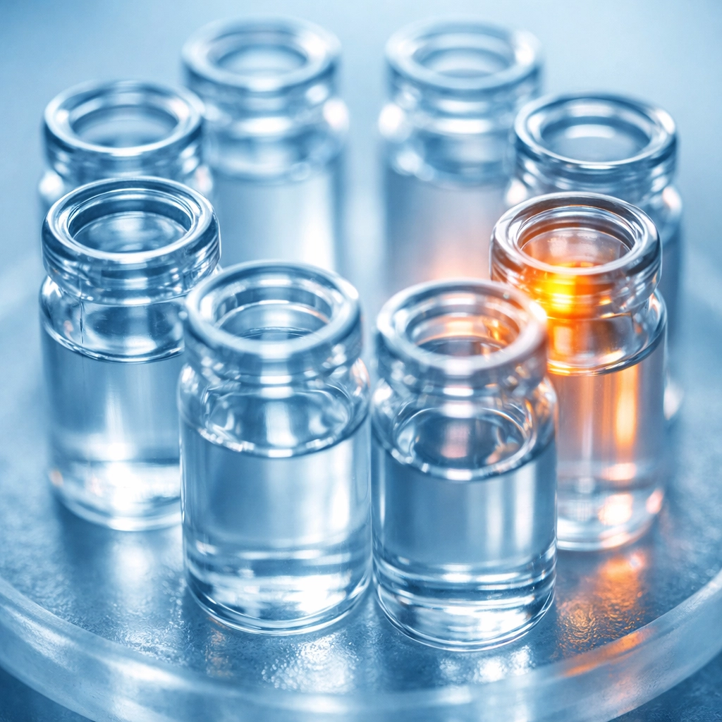 Symmetrical glass vials on a clinical surface, illustrating a structured routine for weight loss injections.