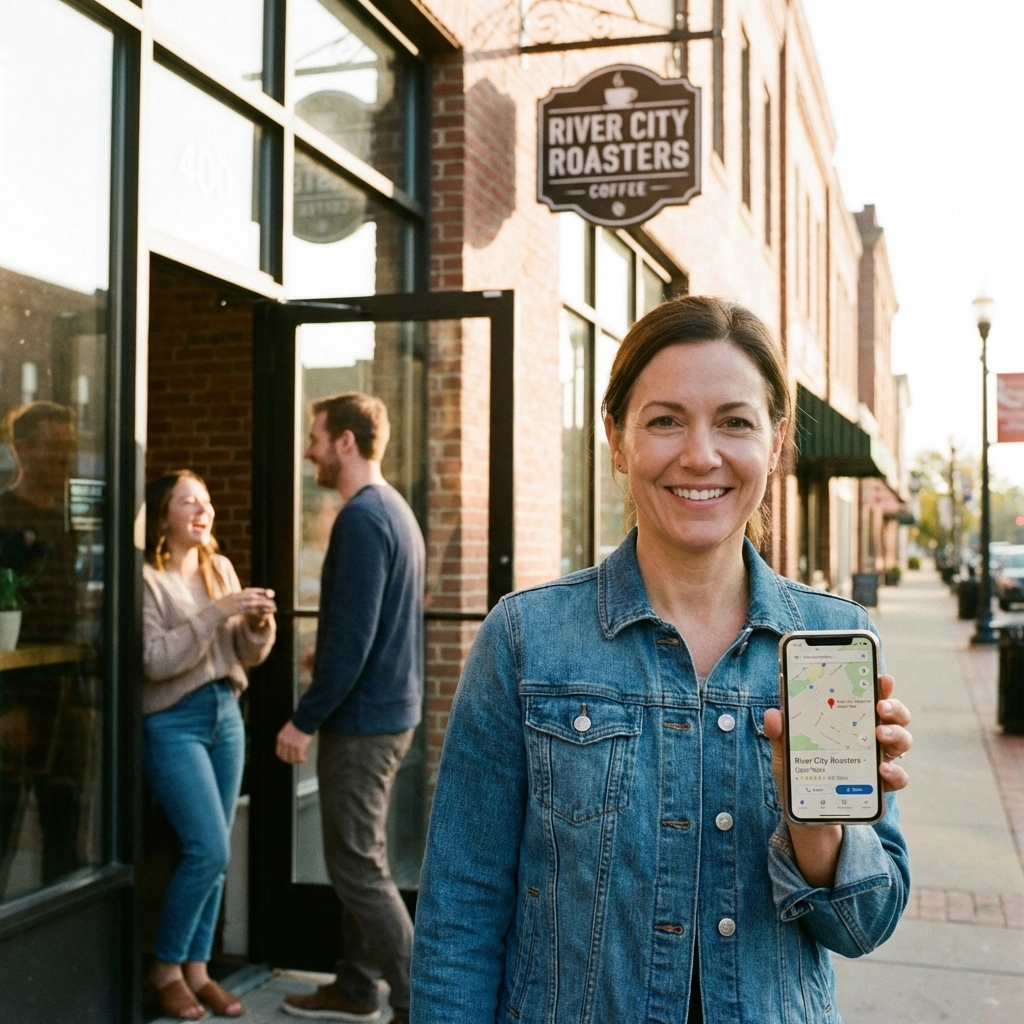 Small business owner standing proudly outside their Main Street shop holding a phone with their Google Business Profile, representing effective local business marketing.