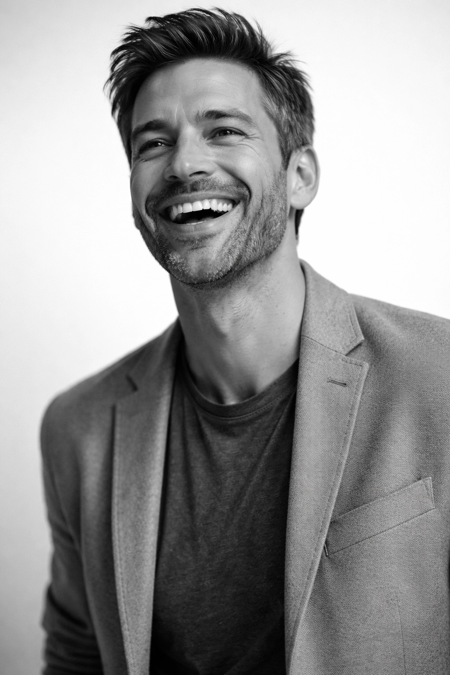 Confident man laughing warmly, showcasing authenticity in dating for professional men